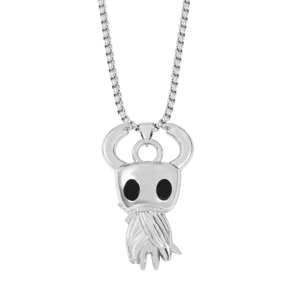 Silver hollow knight pendant necklace with black eye details and textured beard on a matching silver chain