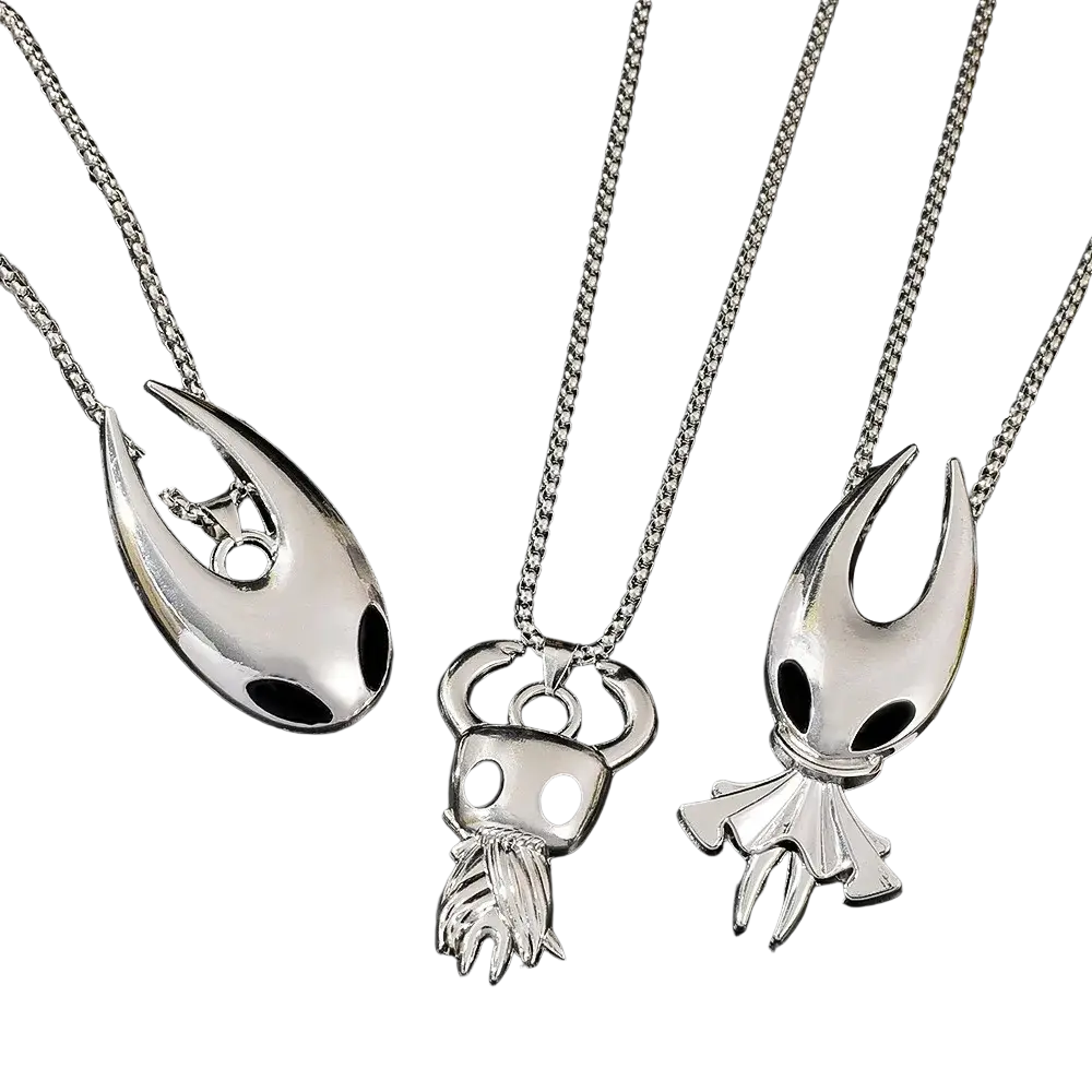 Silver hollow knight pendant necklace with polished metallic finish and distinct character design in silver
