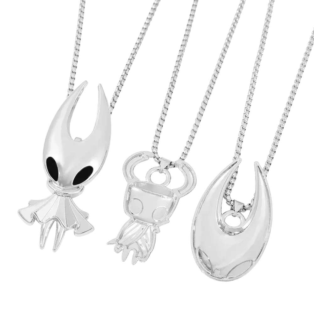 Silver hollow knight pendant gaming necklace featuring a detailed hollow knight character on a chain