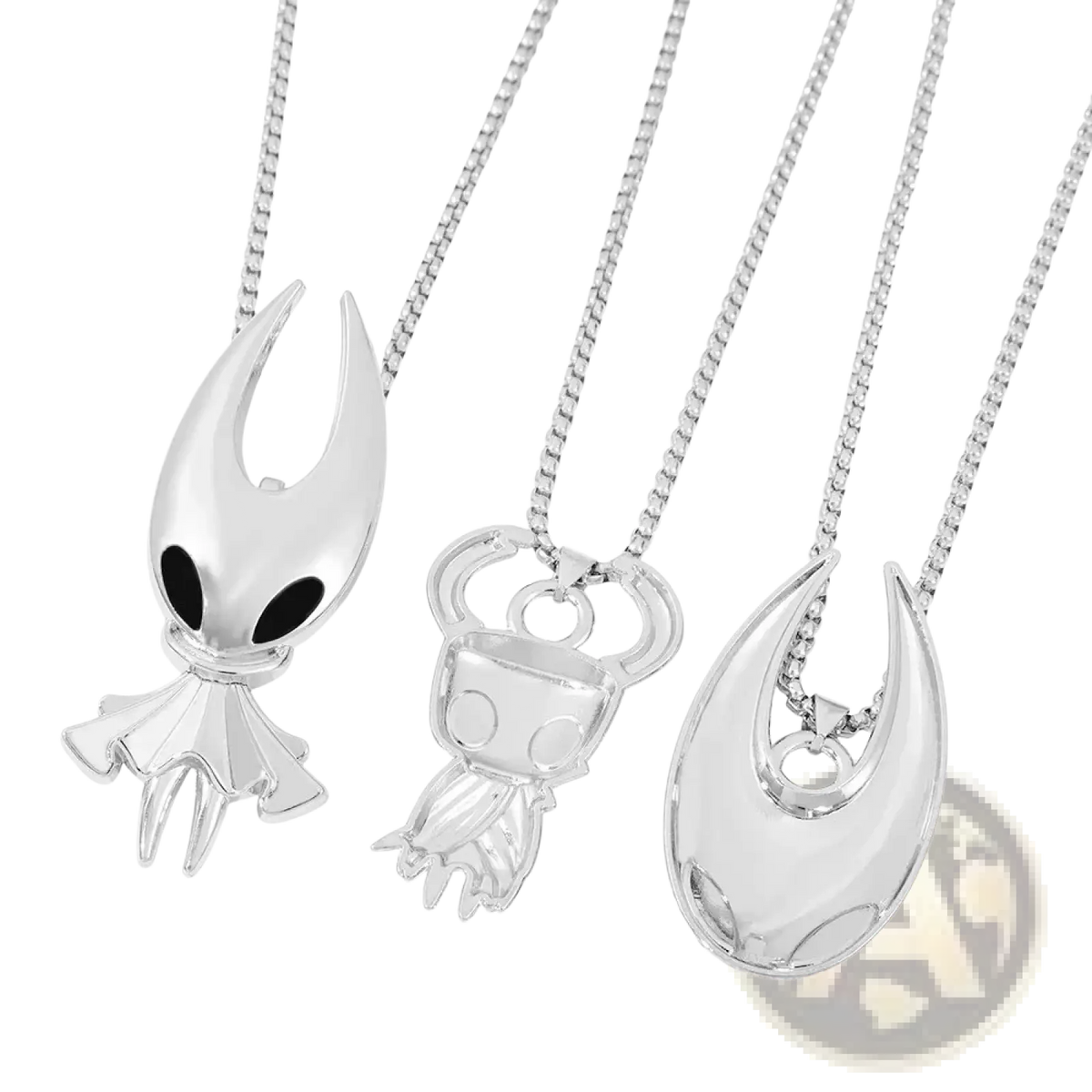 Silver hollow knight pendant gaming necklace featuring a detailed hollow knight character on a chain