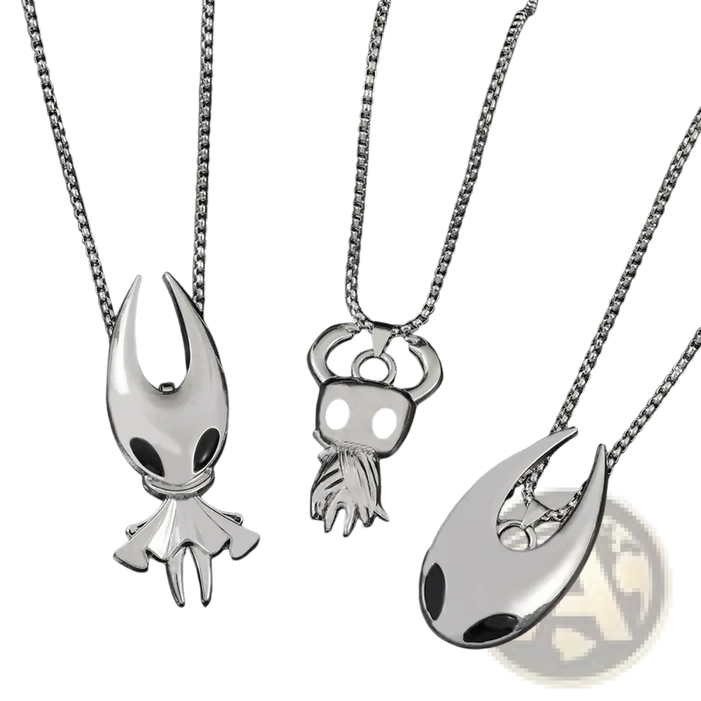 Silver hollow knight pendant necklace featuring a detailed hollow knight character design on a silver chain