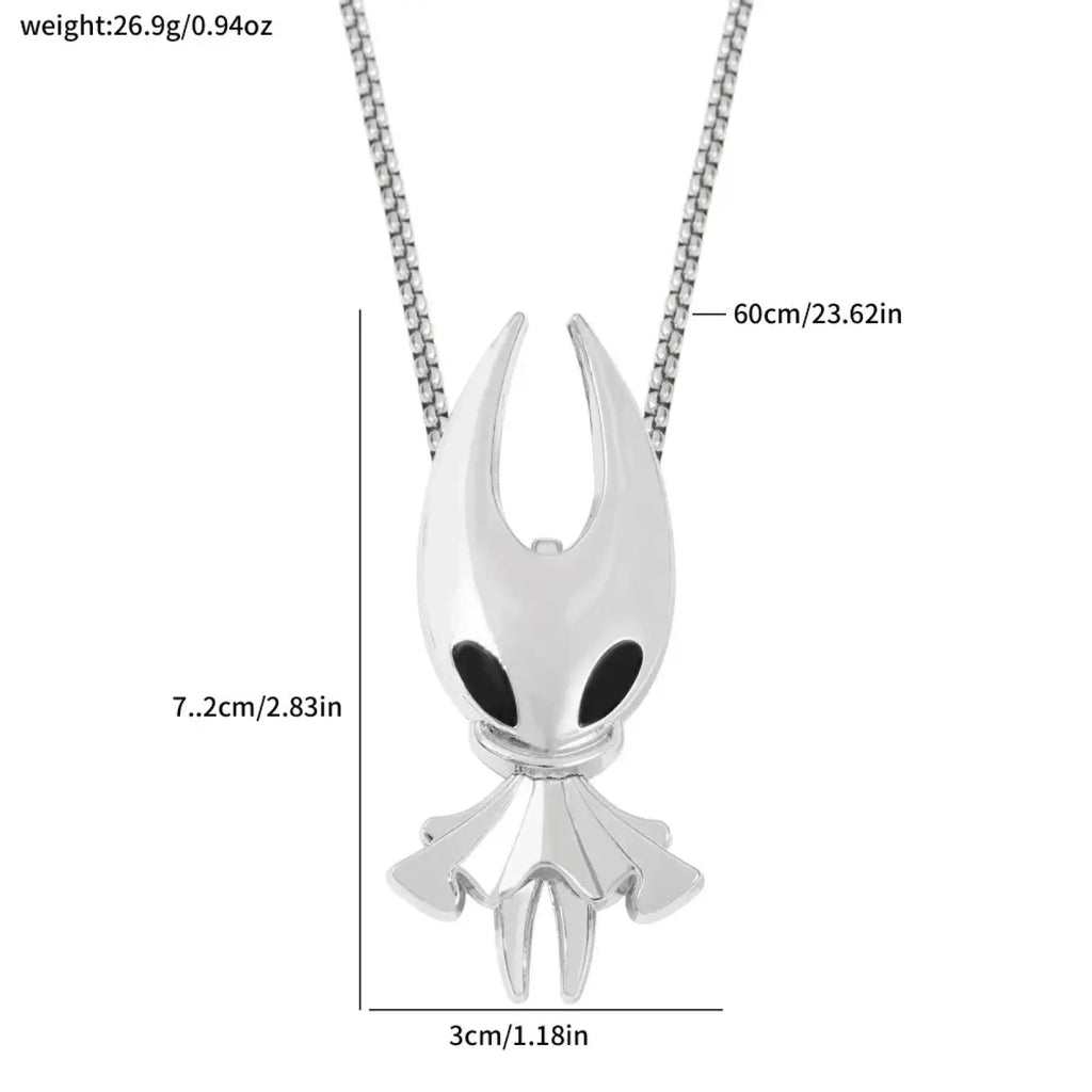 Silver hollow knight pendant necklace featuring a sleek stylized design with black eye accents for gaming fans