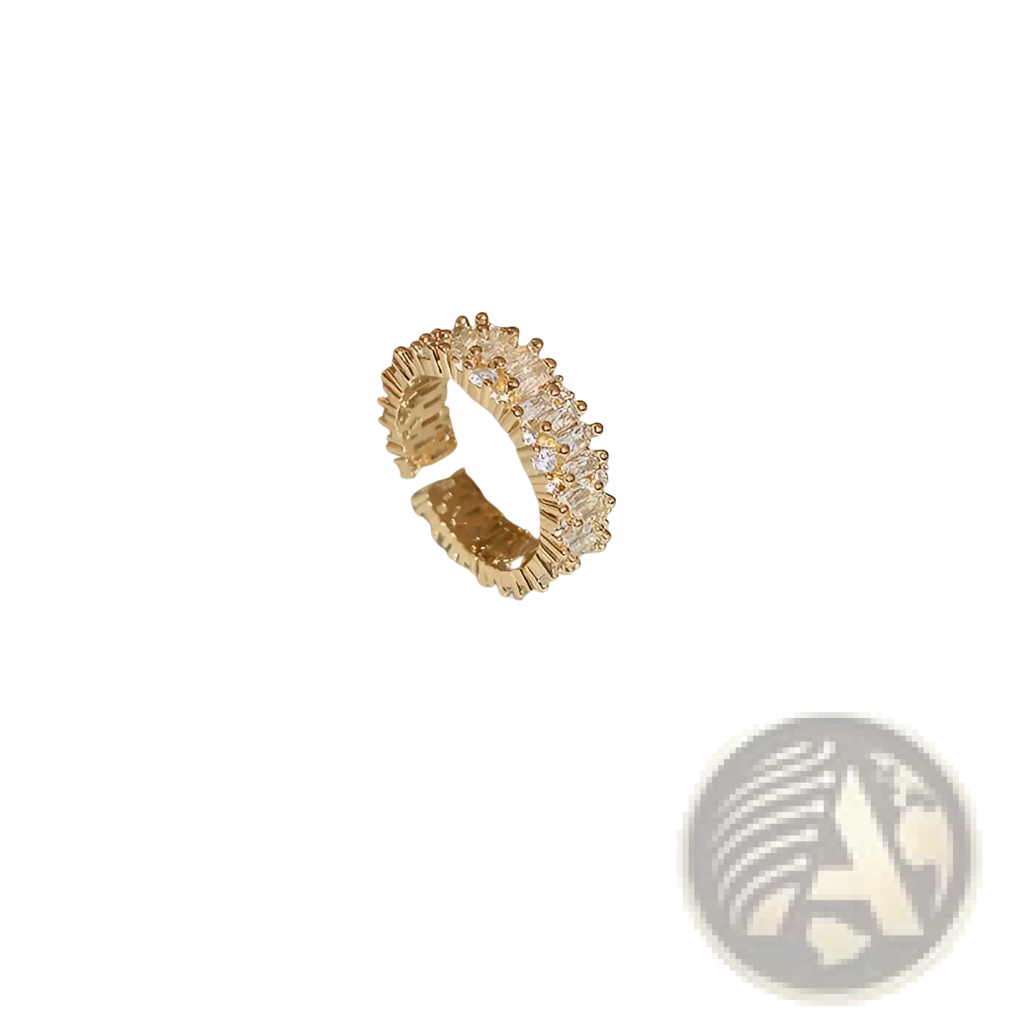 Gold-toned adjustable hollowed square pearl and baguette zircon open ring with sparkling clear crystals and textured detailing