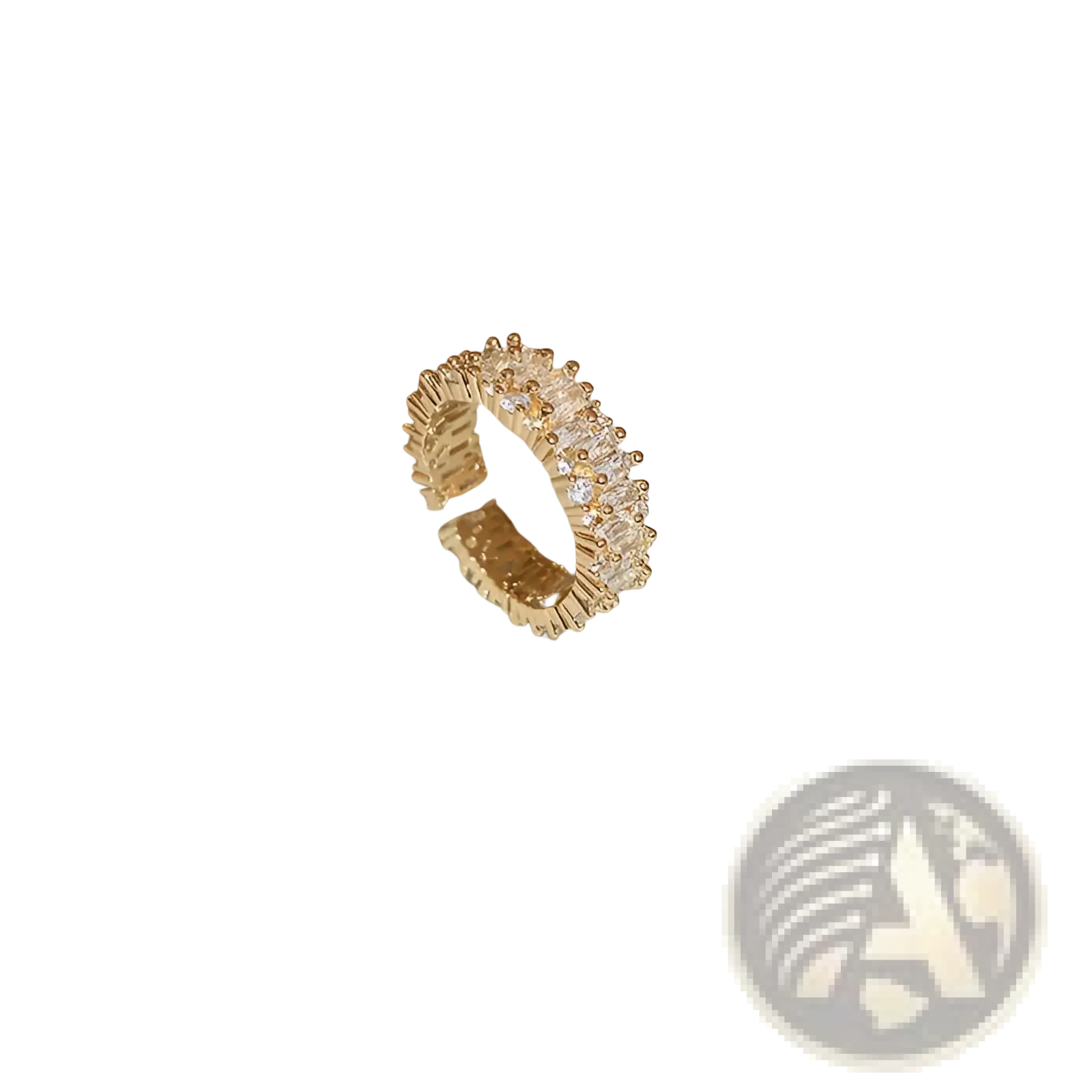 Gold-toned adjustable hollowed square pearl and baguette zircon open ring with sparkling clear crystals and textured detailing