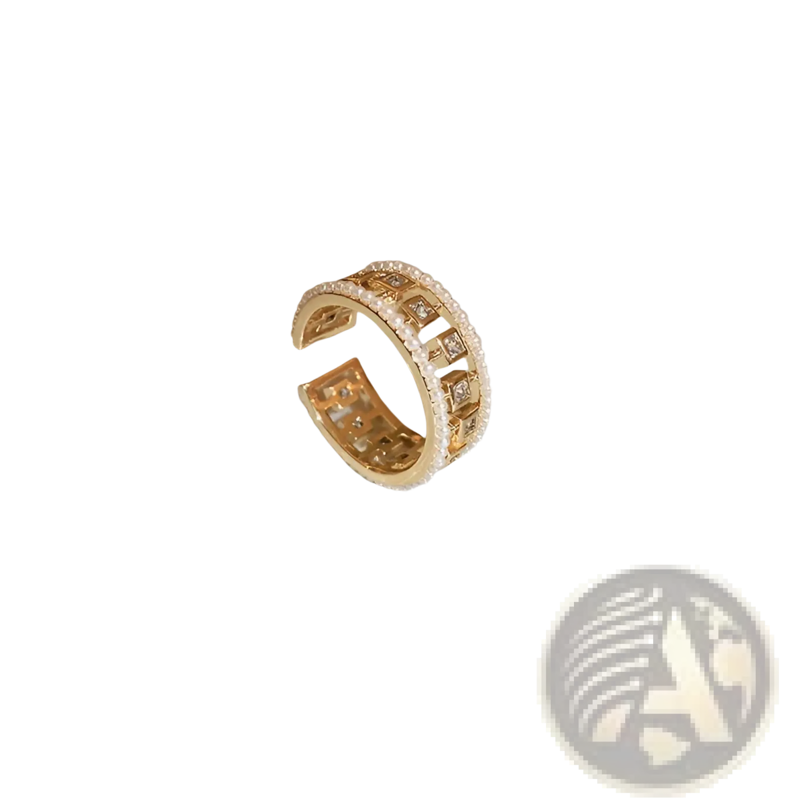 Gold-toned hollowed square pearl and baguette zircon open ring with geometric pattern and square-cut stones along edges