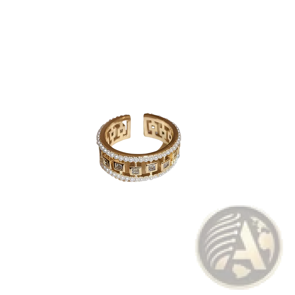 Gold-toned hollowed square pearl and baguette zircon open ring with geometric pattern clear crystals and pearls