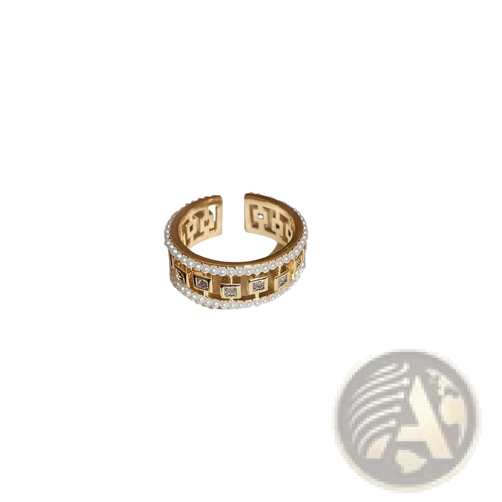 Gold-toned hollowed square pearl and baguette zircon open ring with geometric pattern clear crystals and pearls