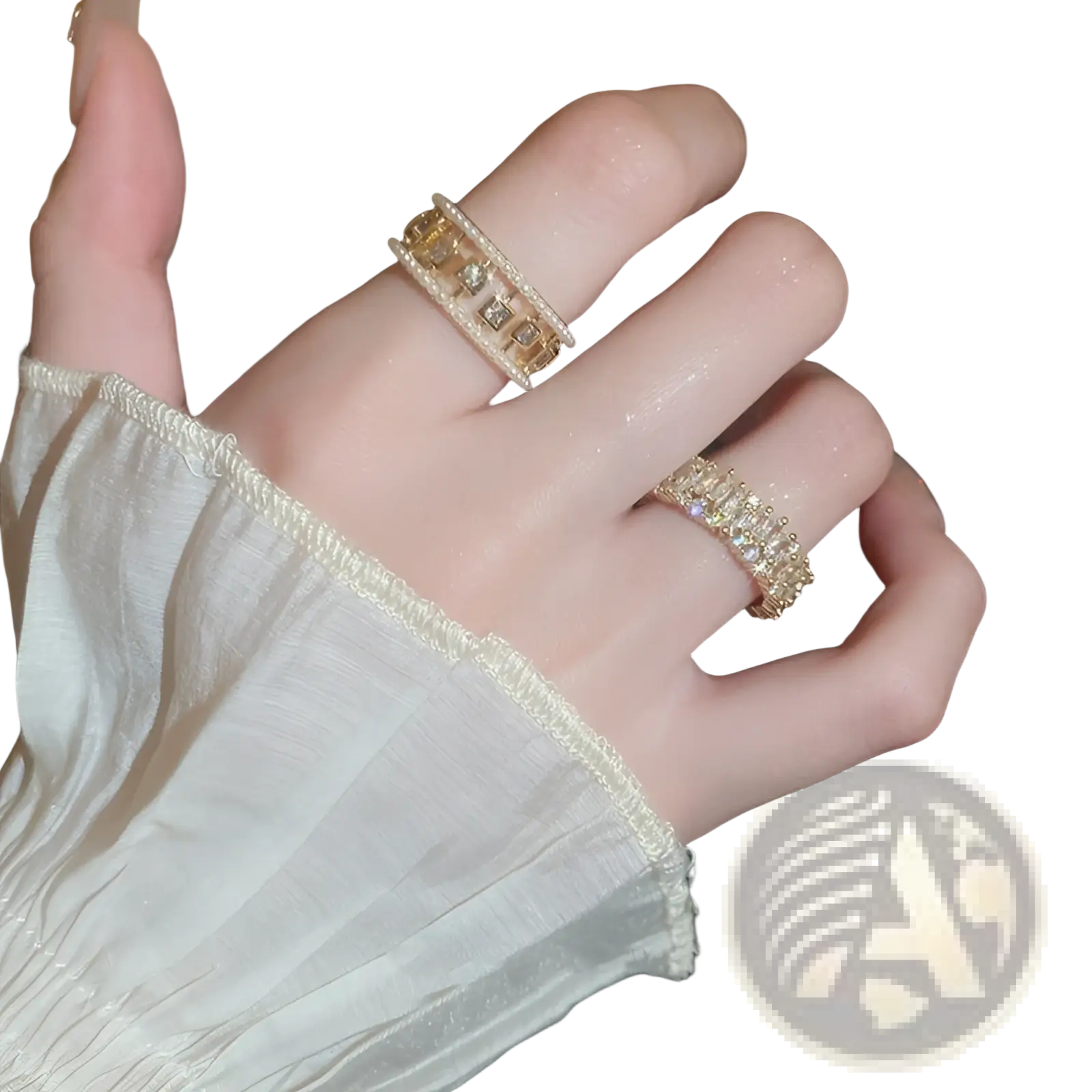 Gold-toned hollowed square pearl and baguette zircon open ring with sparkling cubic zirconia stones and elegant design