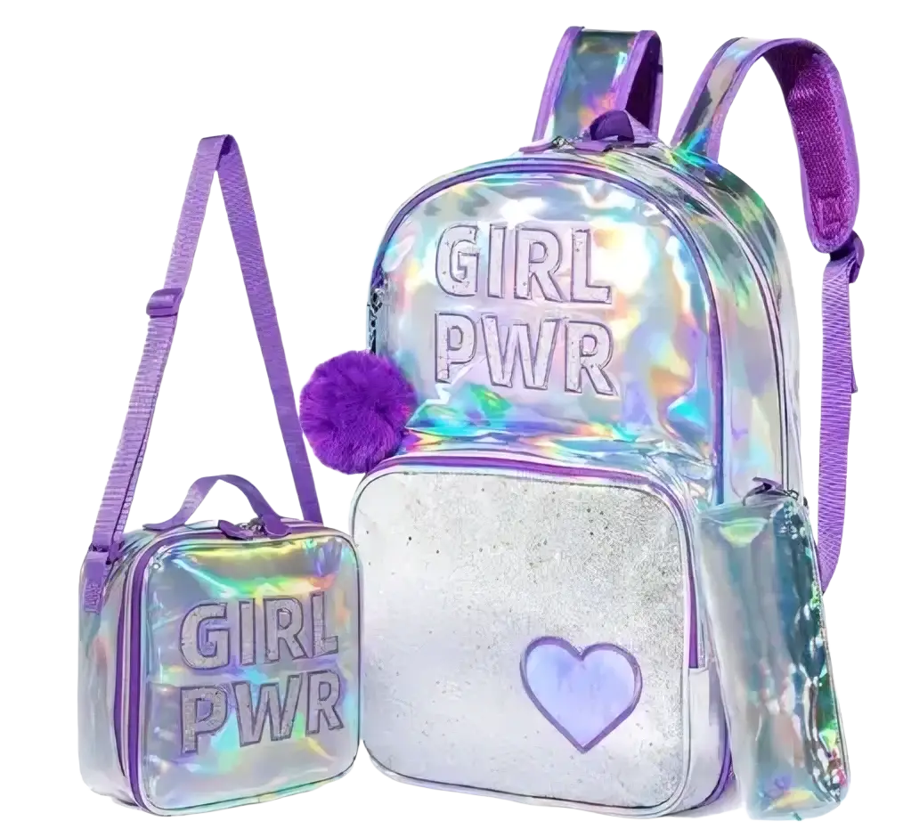 Iridescent holographic girl school backpack with purple straps fuzzy pom-pom silver glitter panel and lavender heart