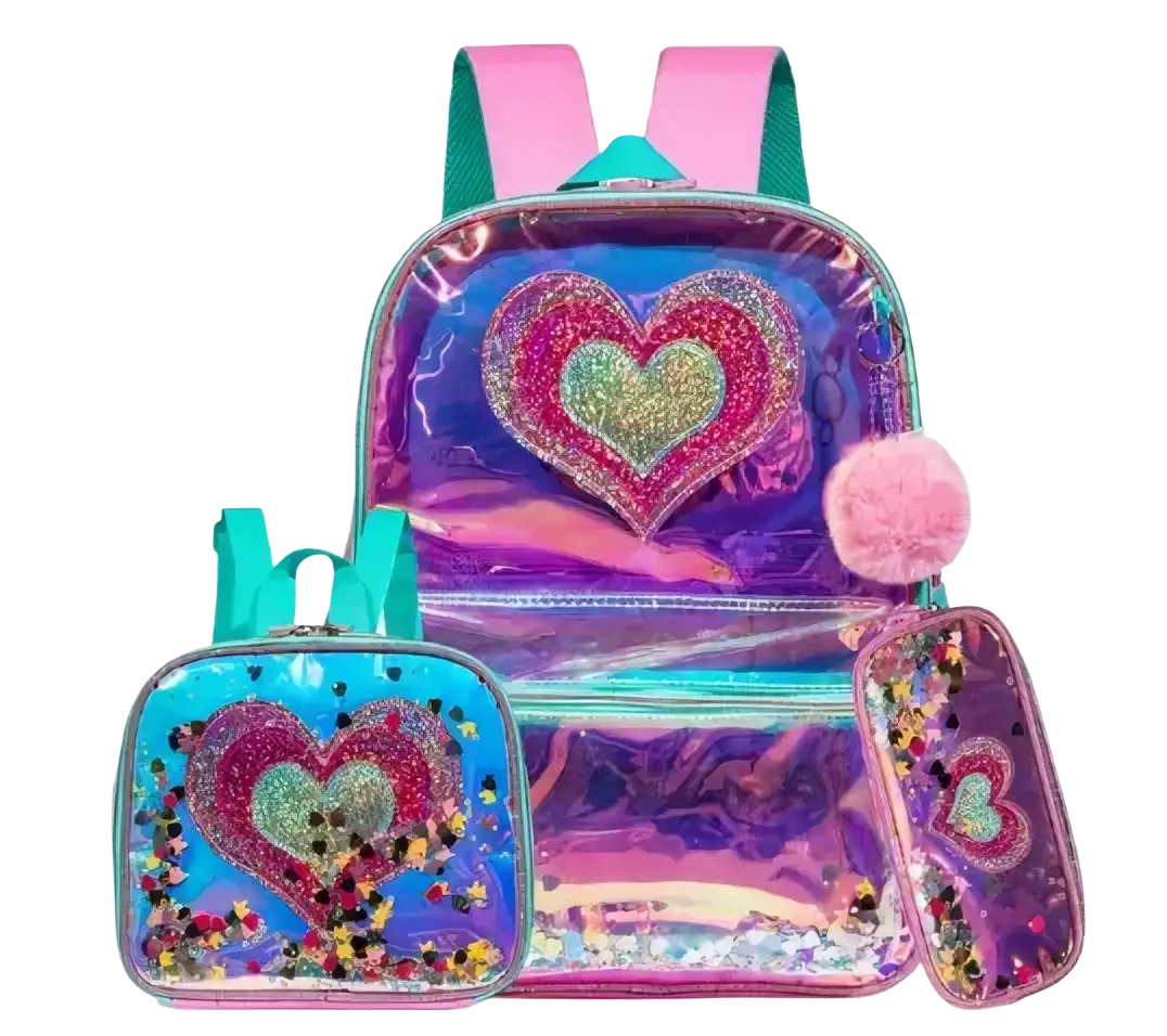 Holographic girl school backpack set with iridescent material and glittery pink teal heart design including lunchbox and pencil case