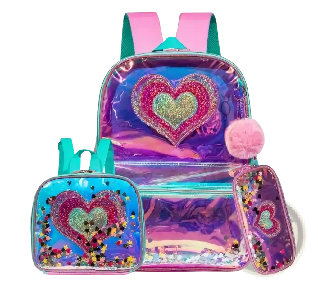 Holographic girl school backpack set with iridescent material and glittery pink teal heart design includes lunchbox and pencil case