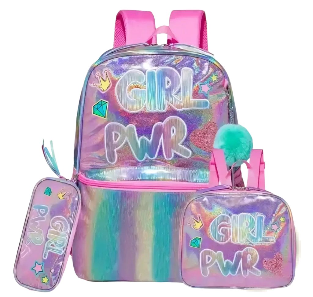 Iridescent holographic school backpack with pink straps girl pwr lettering glittery embellishments and fuzzy pom pom