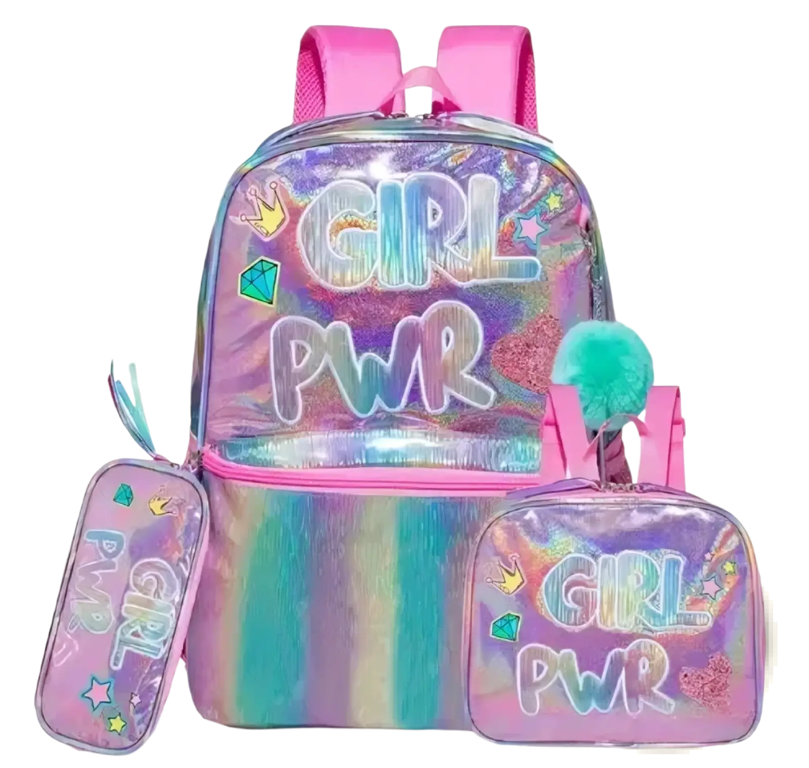 Iridescent holographic school backpack with pink straps girl pwr lettering glittery embellishments and fuzzy pom pom