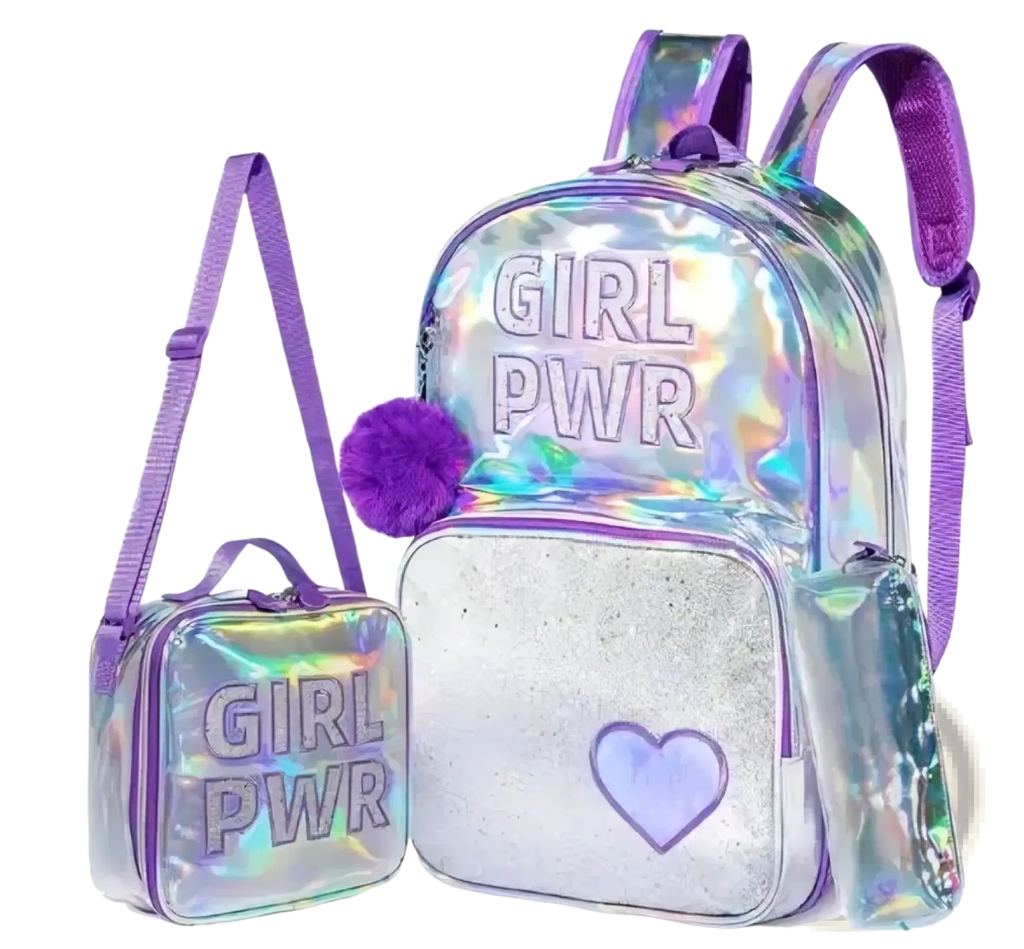 Iridescent holographic girl school backpack with purple straps fuzzy pom-pom silver glitter panel and lavender heart