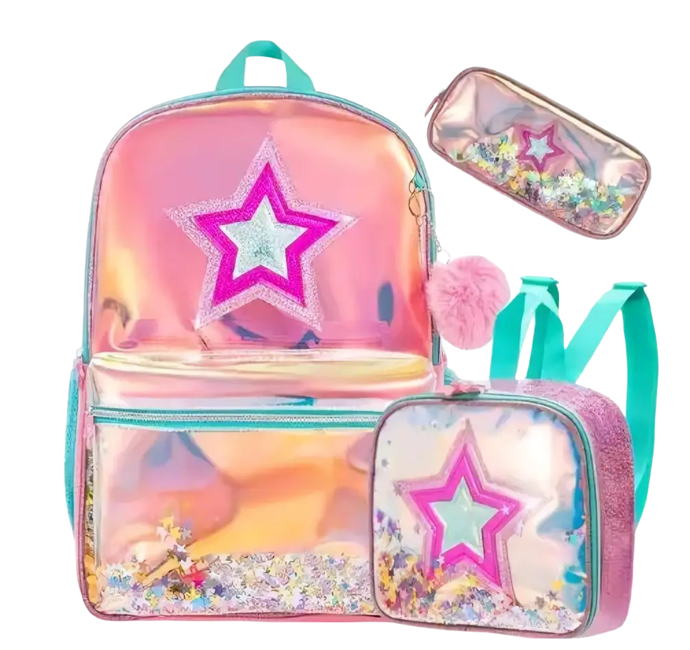 Holographic girl school backpack set with pink holographic material, glittery purple star, teal straps, and liquid compartments