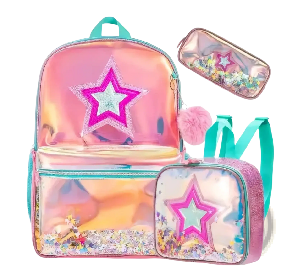 Holographic girl school backpack set featuring a pink holographic backpack with glittery purple star and teal straps