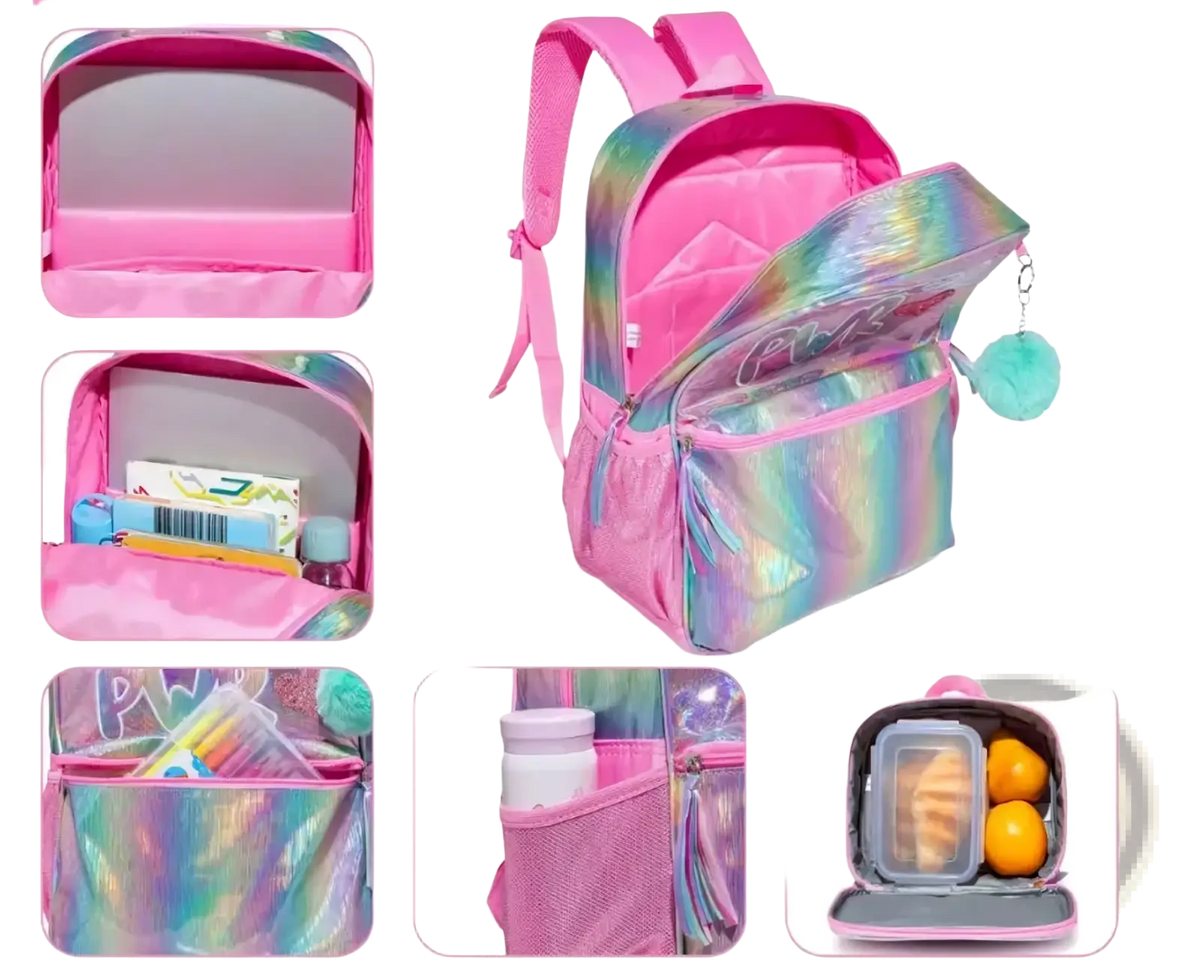 Holographic girl school backpack with pink rainbow iridescent exterior, pink interior, and teal fluffy pom-pom charm