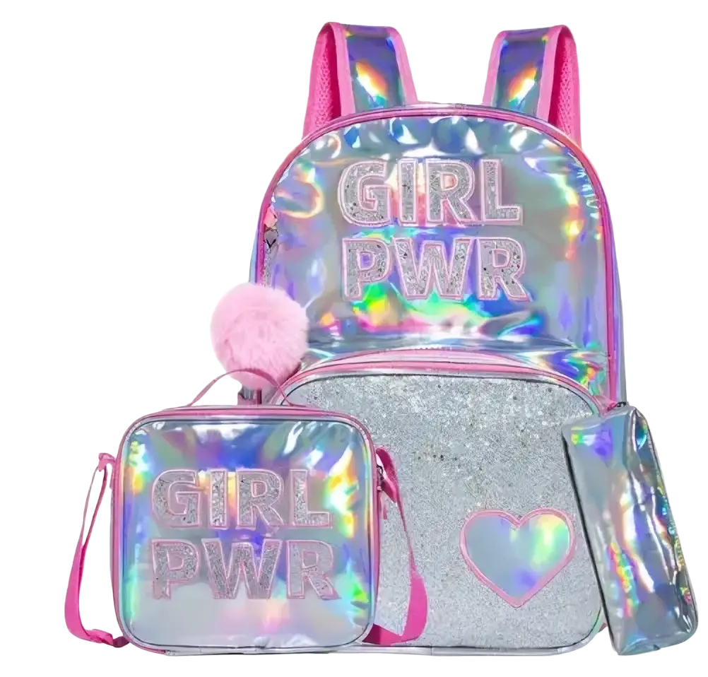 Holographic girl school backpack set in pink and silver with girl pwr design glittery accents and fluffy pom pom