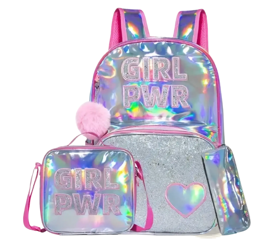 Holographic pink and silver girl school backpack set with glittery accents and a fluffy pom-pom accessory