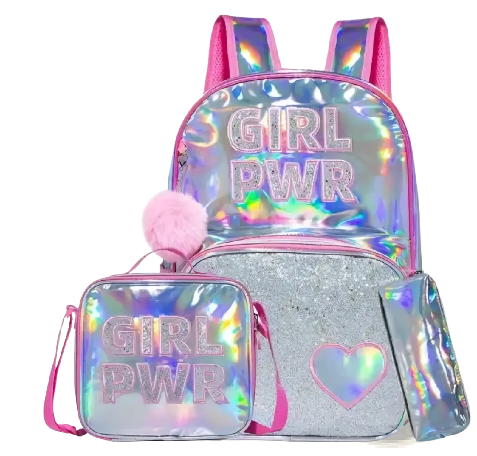 Holographic pink and silver girl school backpack set with glittery accents and a fluffy pom-pom accessory