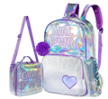 Iridescent holographic girl school backpack with purple straps fuzzy pom-pom silver glitter front panel lavender heart