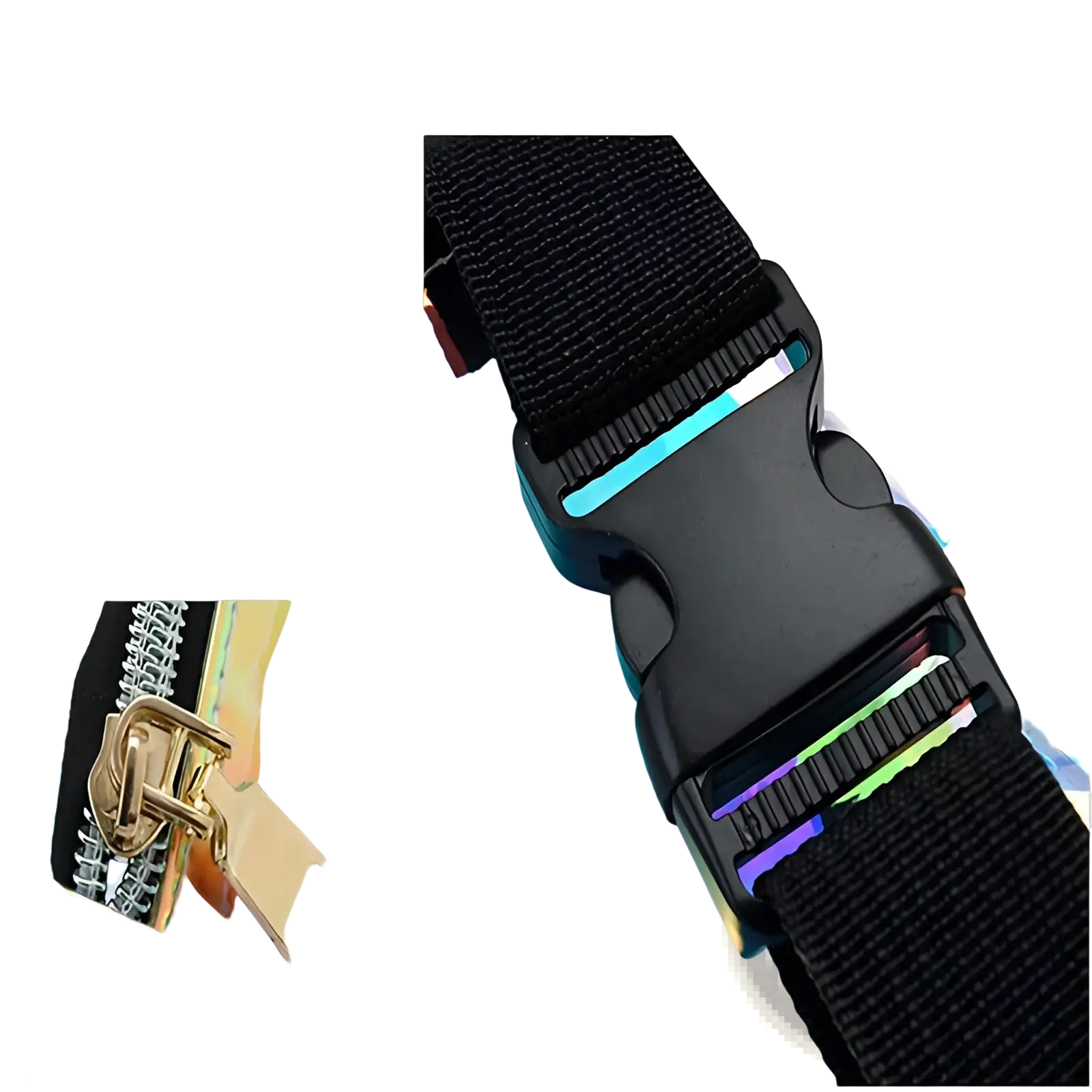 Black nylon strap with black plastic buckle and iridescent rainbow inner lining for holographic iridescent tpu waist bag chest satchel