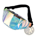 Holographic iridescent TPU waist bag with black adjustable strap and zipper for chest satchel use