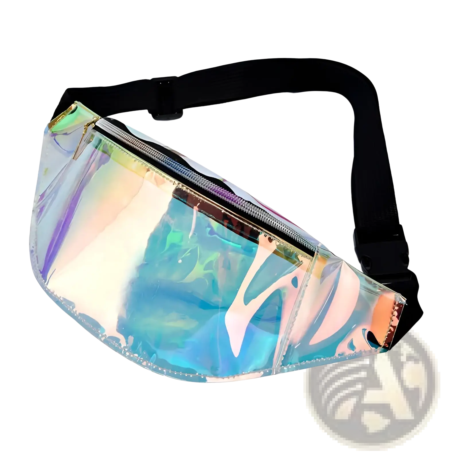 Holographic iridescent TPU waist bag with black adjustable strap and zipper for chest satchel use