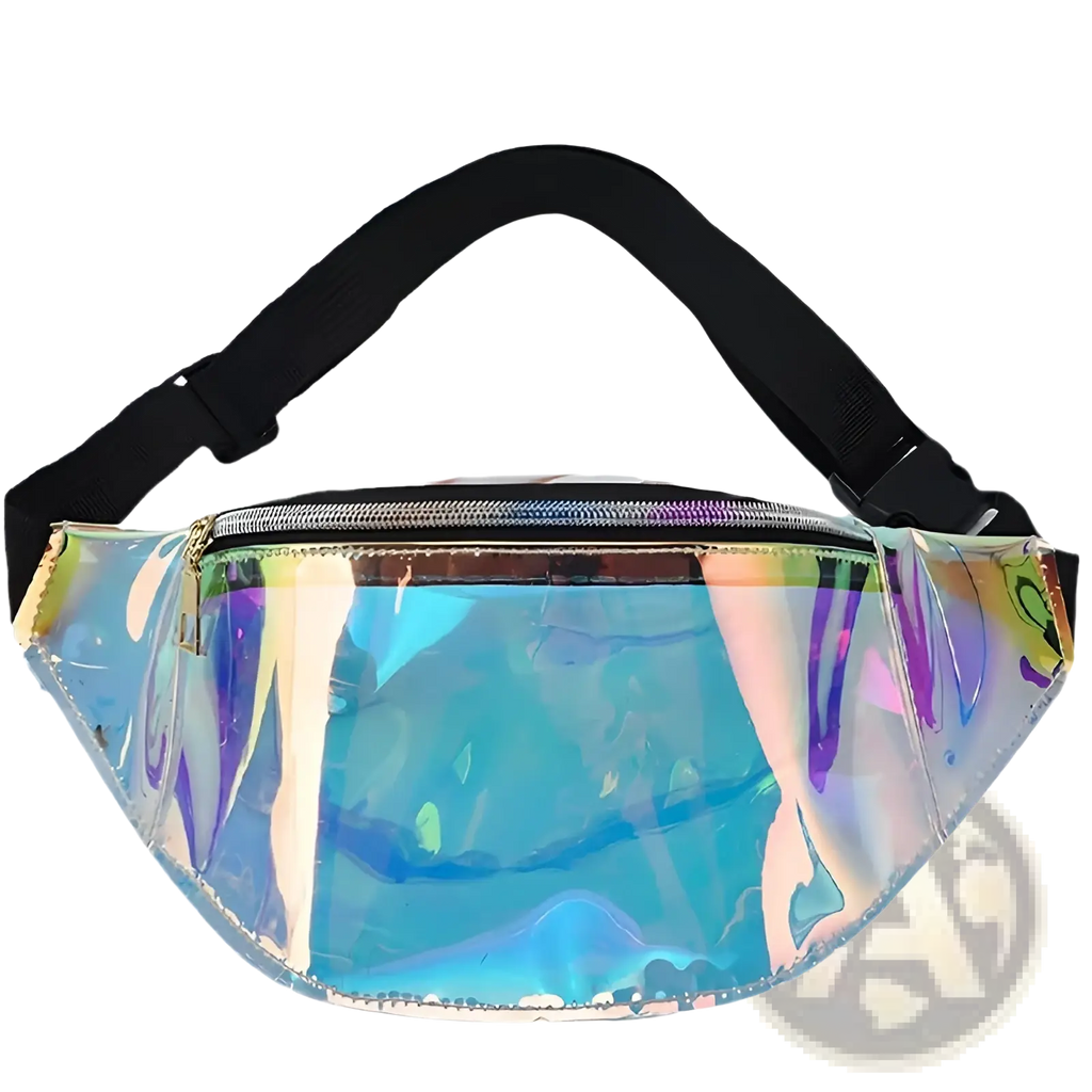 Holographic iridescent TPU waist bag chest satchel with black adjustable strap and silver zipper