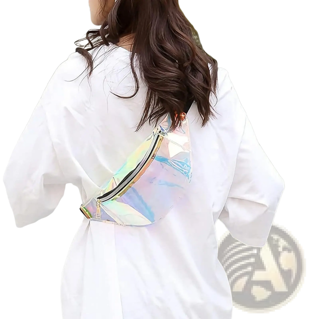 Holographic iridescent TPU waist bag chest satchel with geometric faceted design and metallic zipper accents