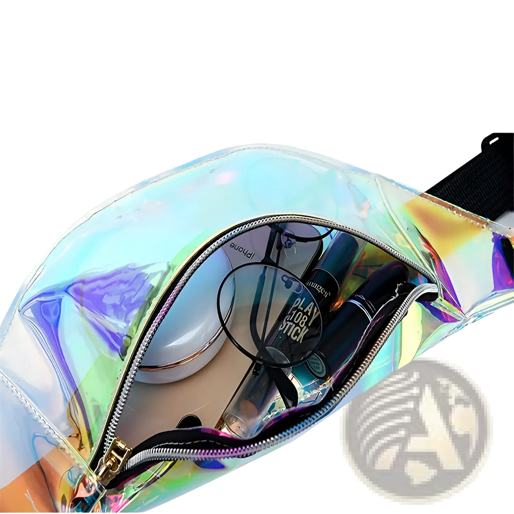 Holographic iridescent TPU waist bag with black zipper and adjustable strap for chest satchel use
