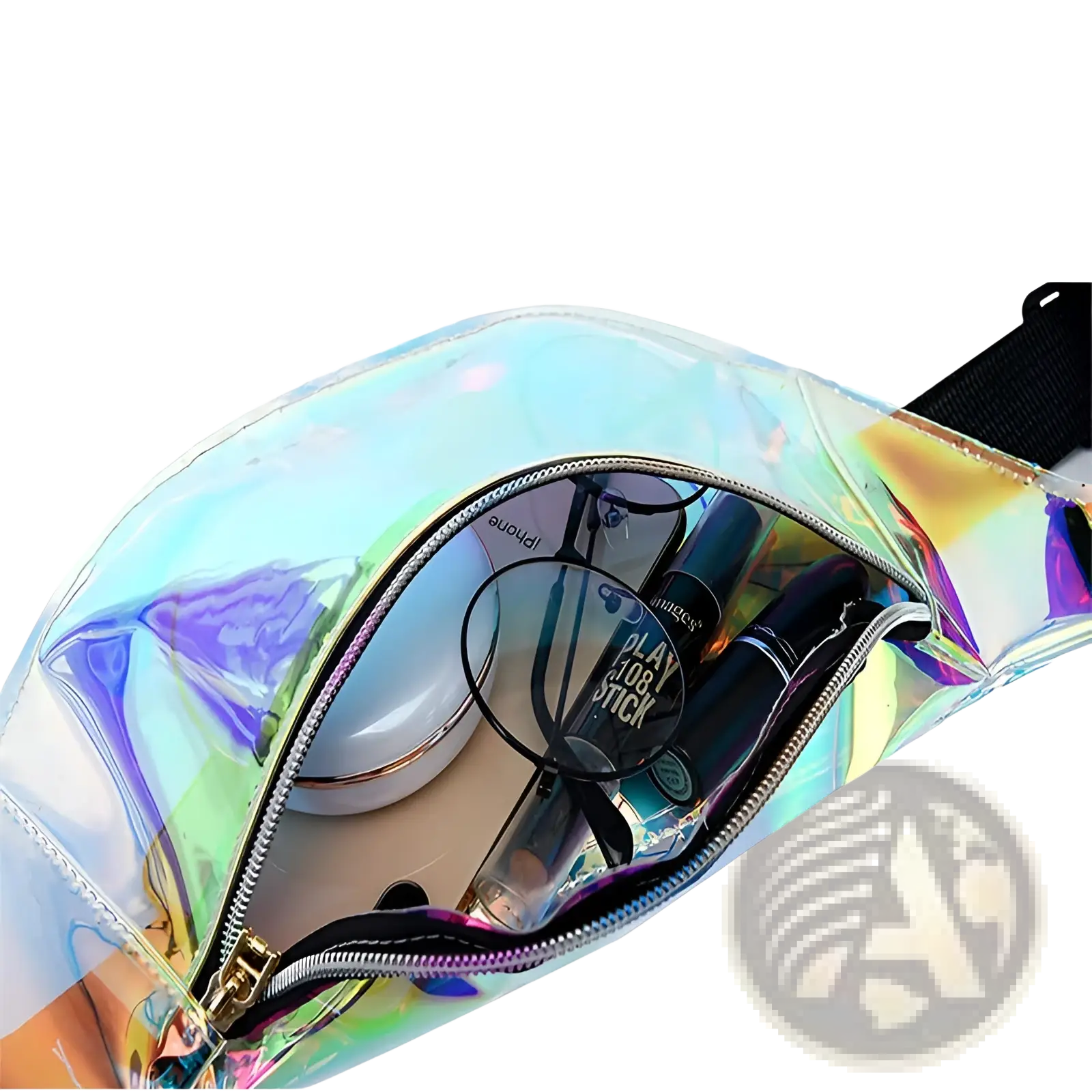 Holographic iridescent TPU waist bag with black zipper and adjustable strap for chest satchel use