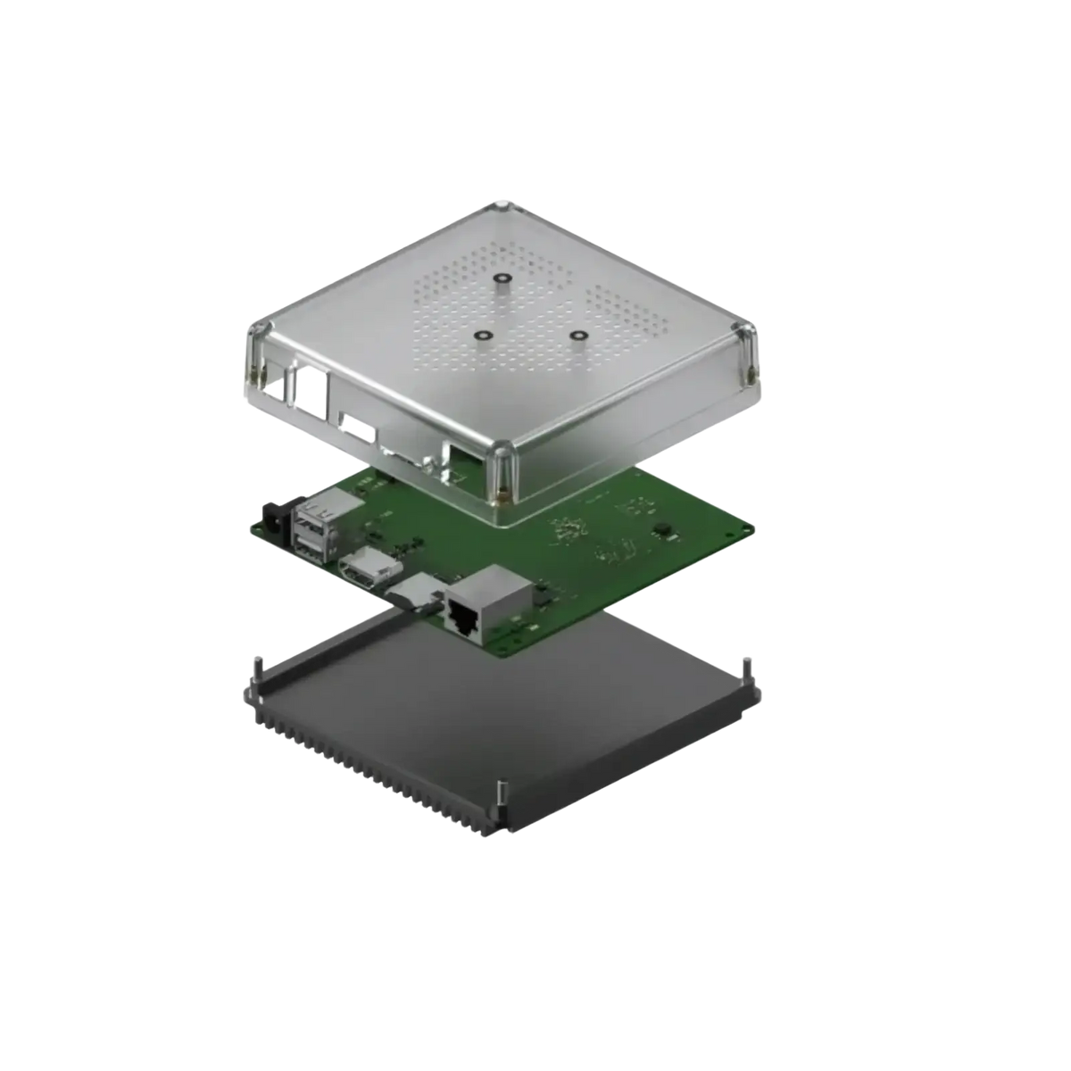 Silver metallic case housing green circuit board with ethernet port above black heat sink in Home Assistant Green controller back side