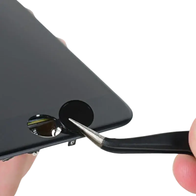 Black smartphone rear camera module being removed with precision tweezers for iphone home button flex cable replacement parts