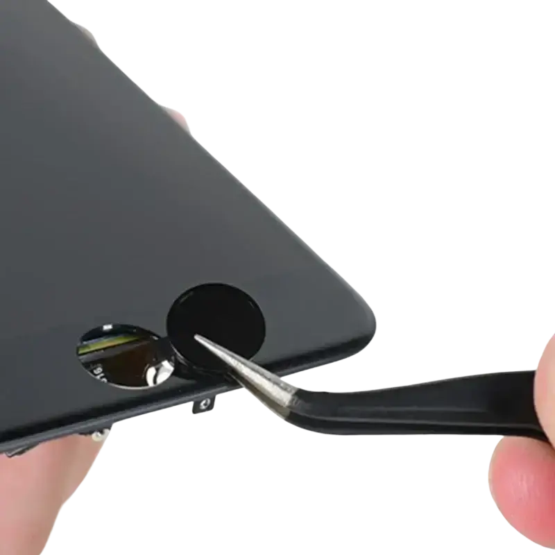 Black smartphone back panel with circular camera lens adjusted by tweezers for iphone home button flex cable phone parts replacement