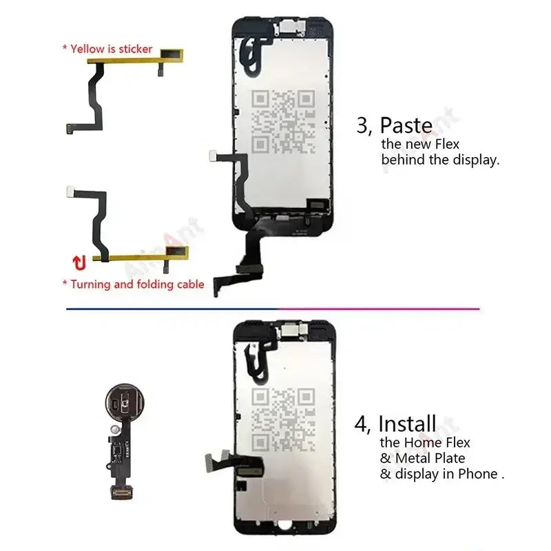 Black plastic iphone screen assembly showing back side with home button flex cable and metal phone parts for replacement