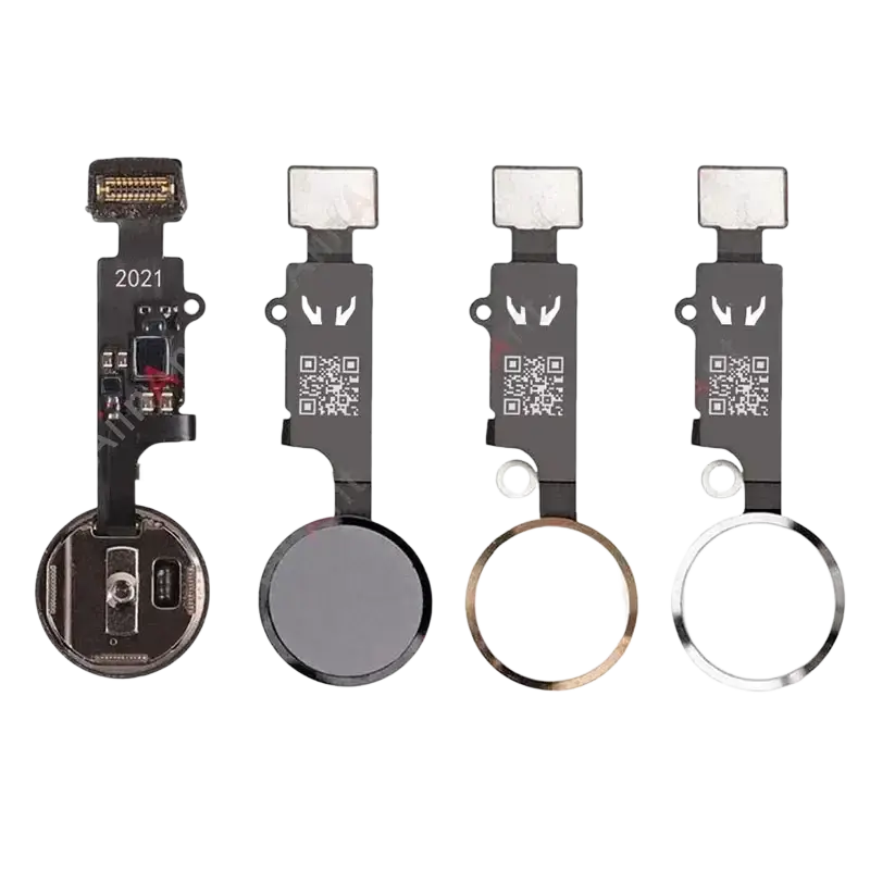 Four iphone 12 pro camera modules with black and silver rings and qr codes for home button flex cable phone parts replacement