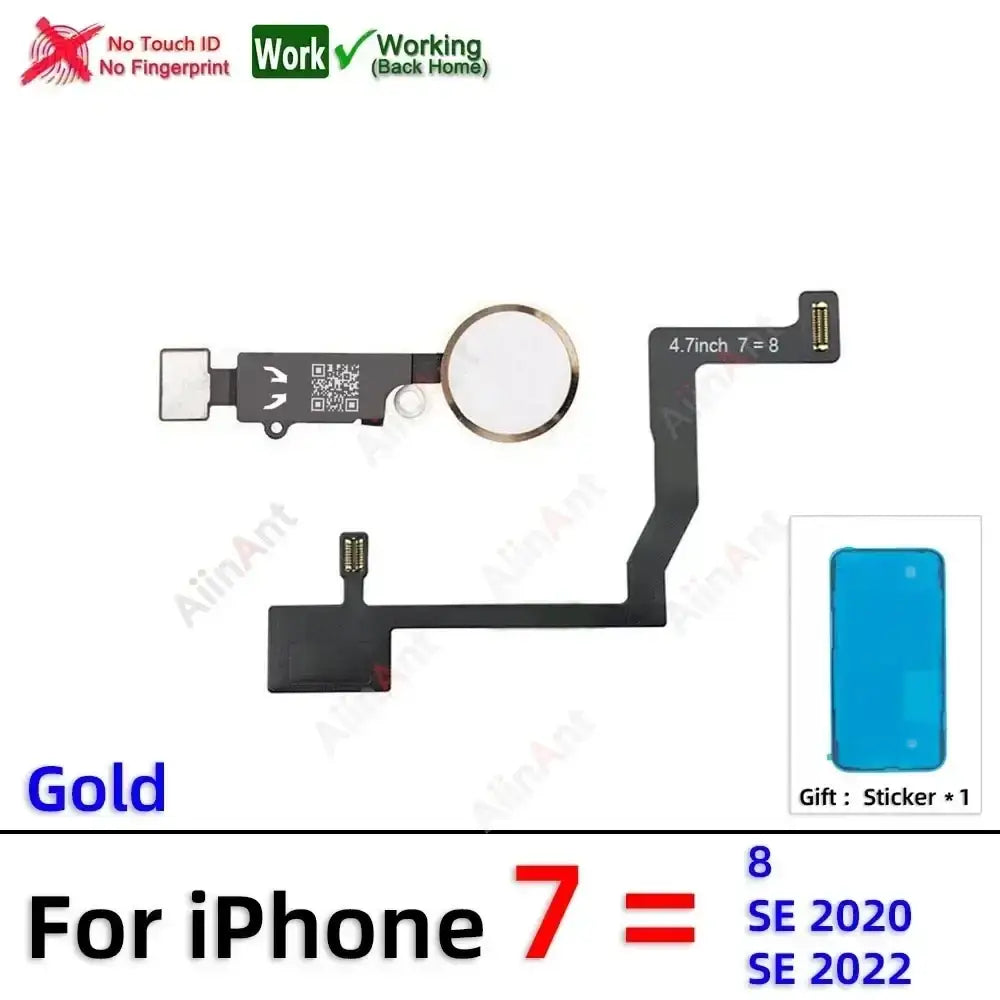 Gold-colored home button flex cable for iphone 7 se 2020 se 2022 replacement phone parts back side view