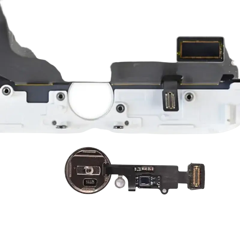 White and black phone parts showing the back side of home button flex cable with circular sensor module for iPhone replacement