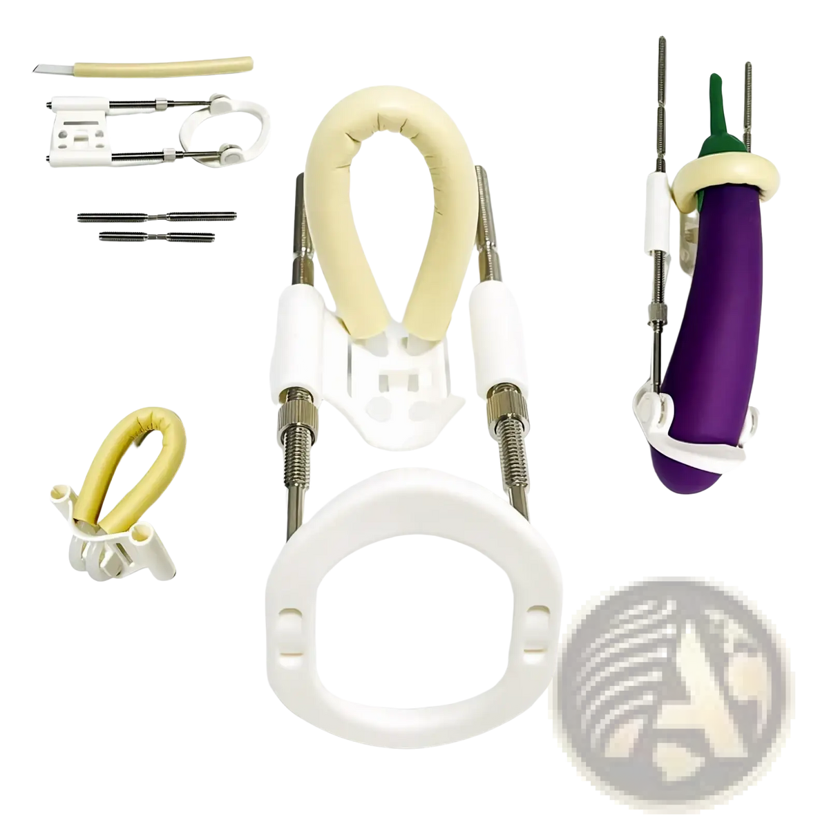 White plastic cervical traction device with beige padded head and adjustable metal rods for home gym storage organizer