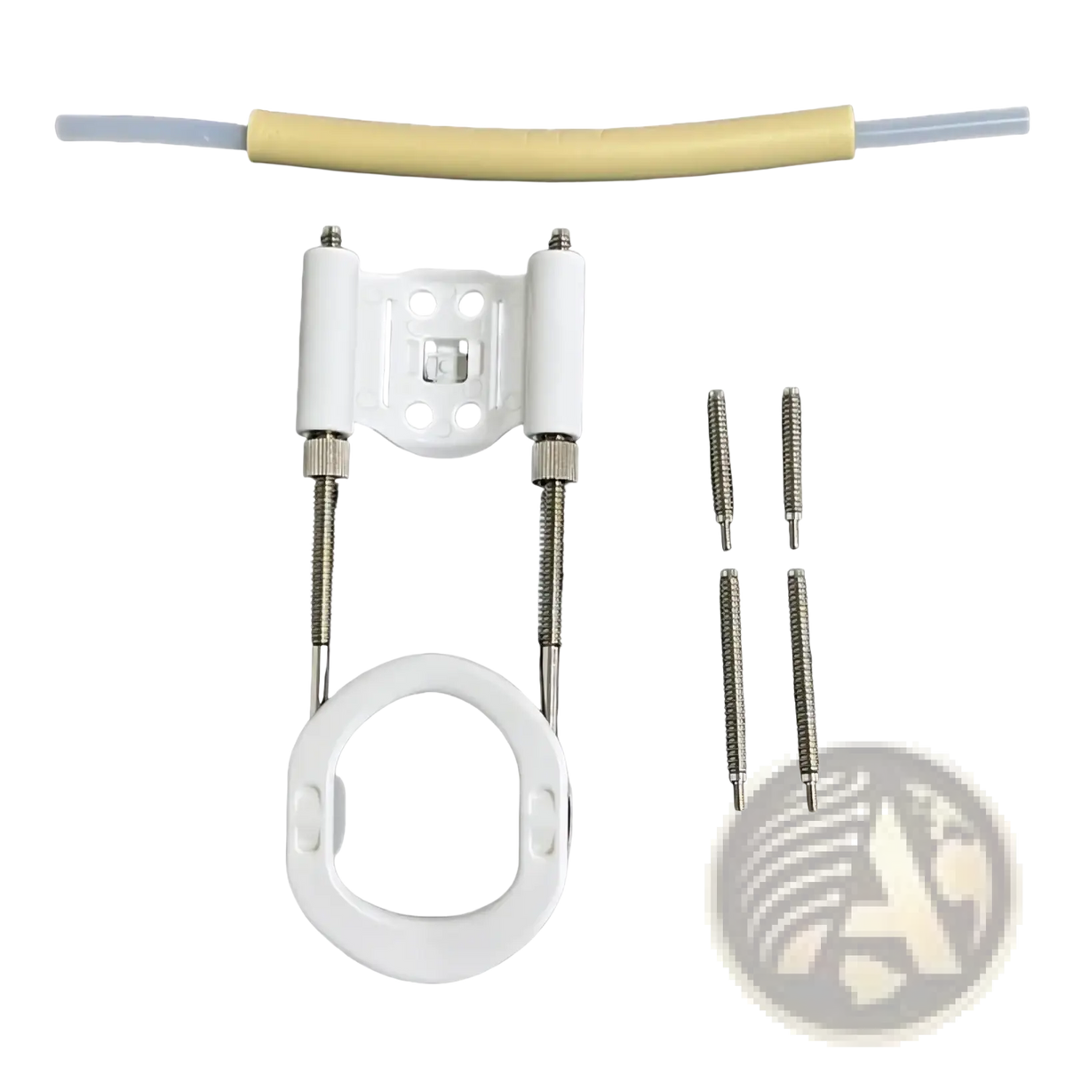 White plastic cervical traction device with adjustable metal rods and beige padded headband for home gym storage organizer