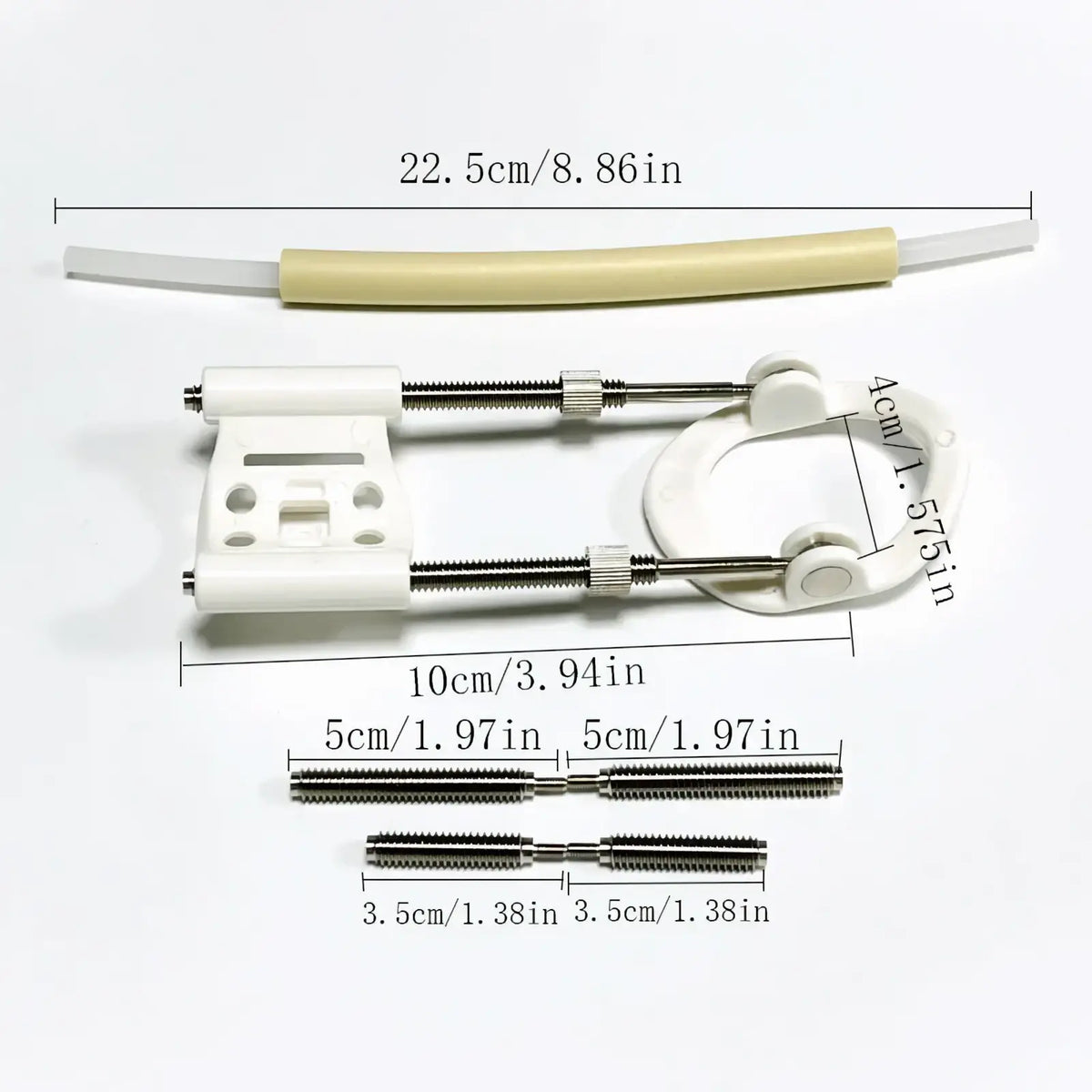 White plastic and metal adjustable finger extension device with beige padded handle for home gym storage organizer