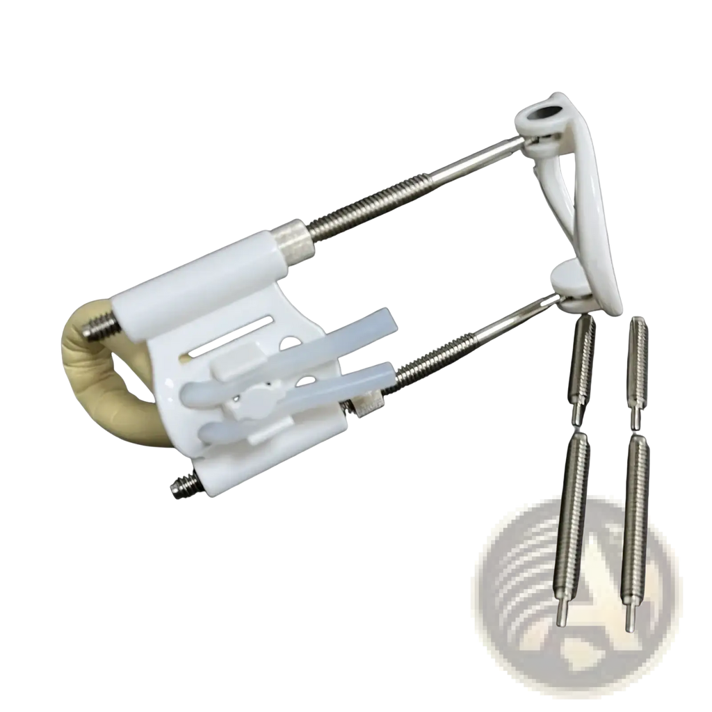 White plastic and metal finger exerciser with adjustable springs shown with home gym storage rack organizer for fitness equipment