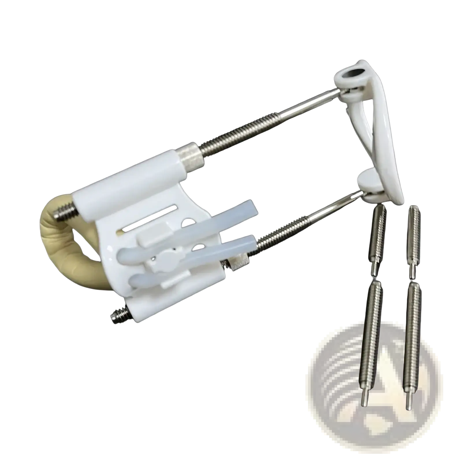White plastic and metal finger exerciser with adjustable springs shown with home gym storage rack organizer for fitness equipment