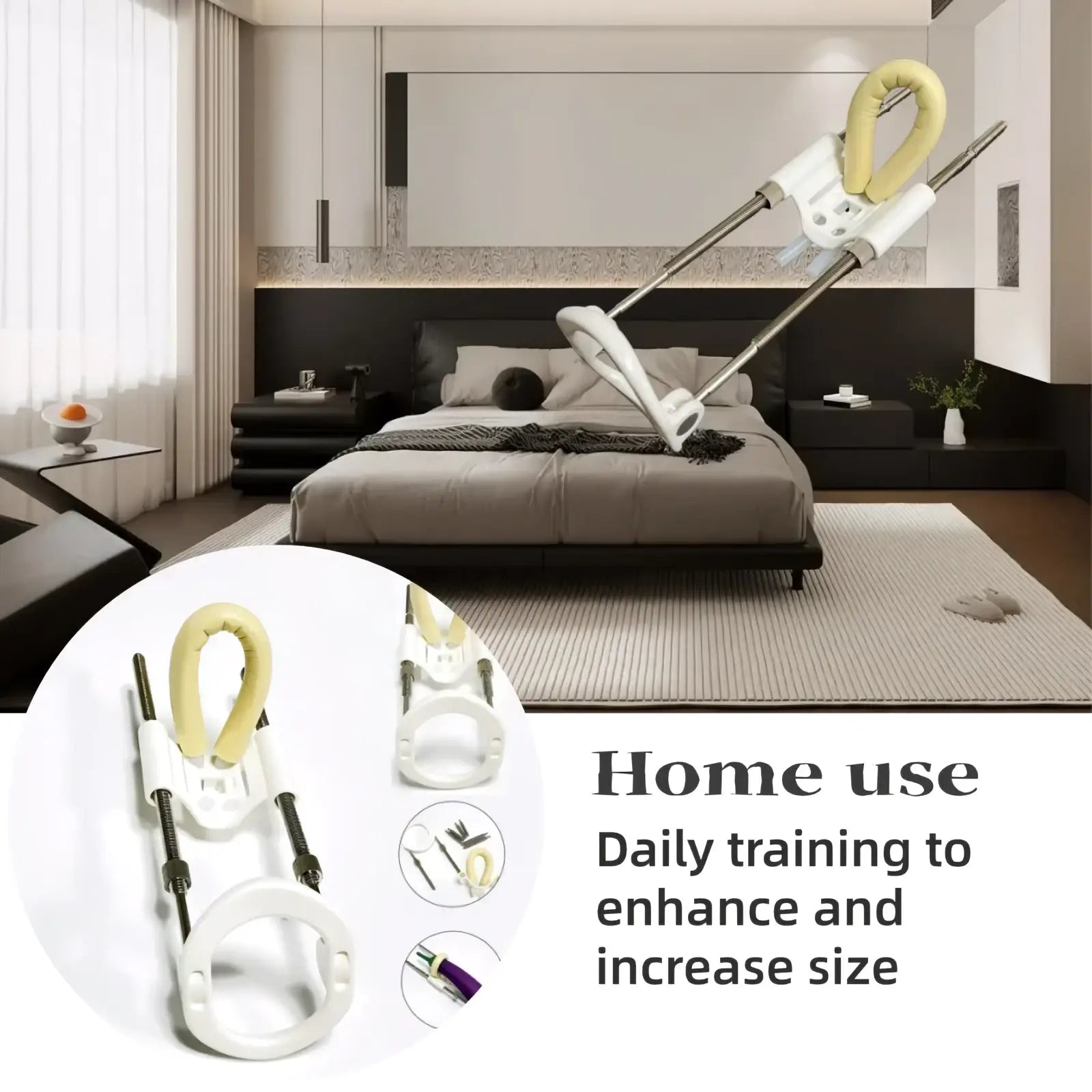 Home gym storage rack organizer in white and yellow with adjustable metal rods and plastic components for fitness equipment