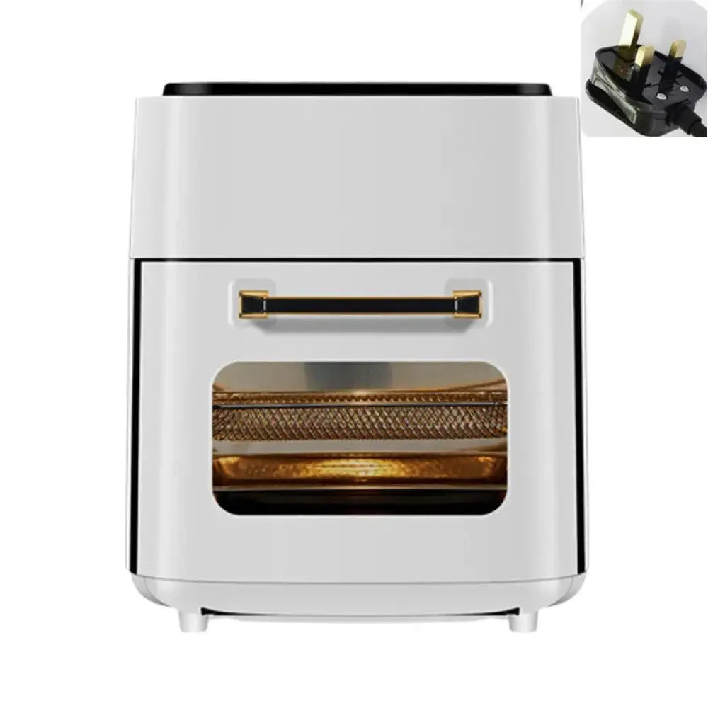 White and gold large capacity visual smart air fryer with a transparent door and mesh basket inside for easy viewing