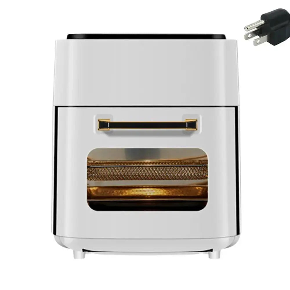 Large capacity visual smart air fryer in white and gold with transparent window and mesh basket inside