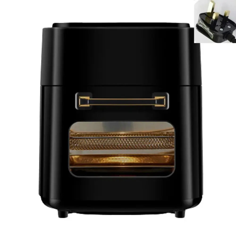 Large capacity visual smart air fryer in black with gold handle and mesh basket visible through glass viewing window