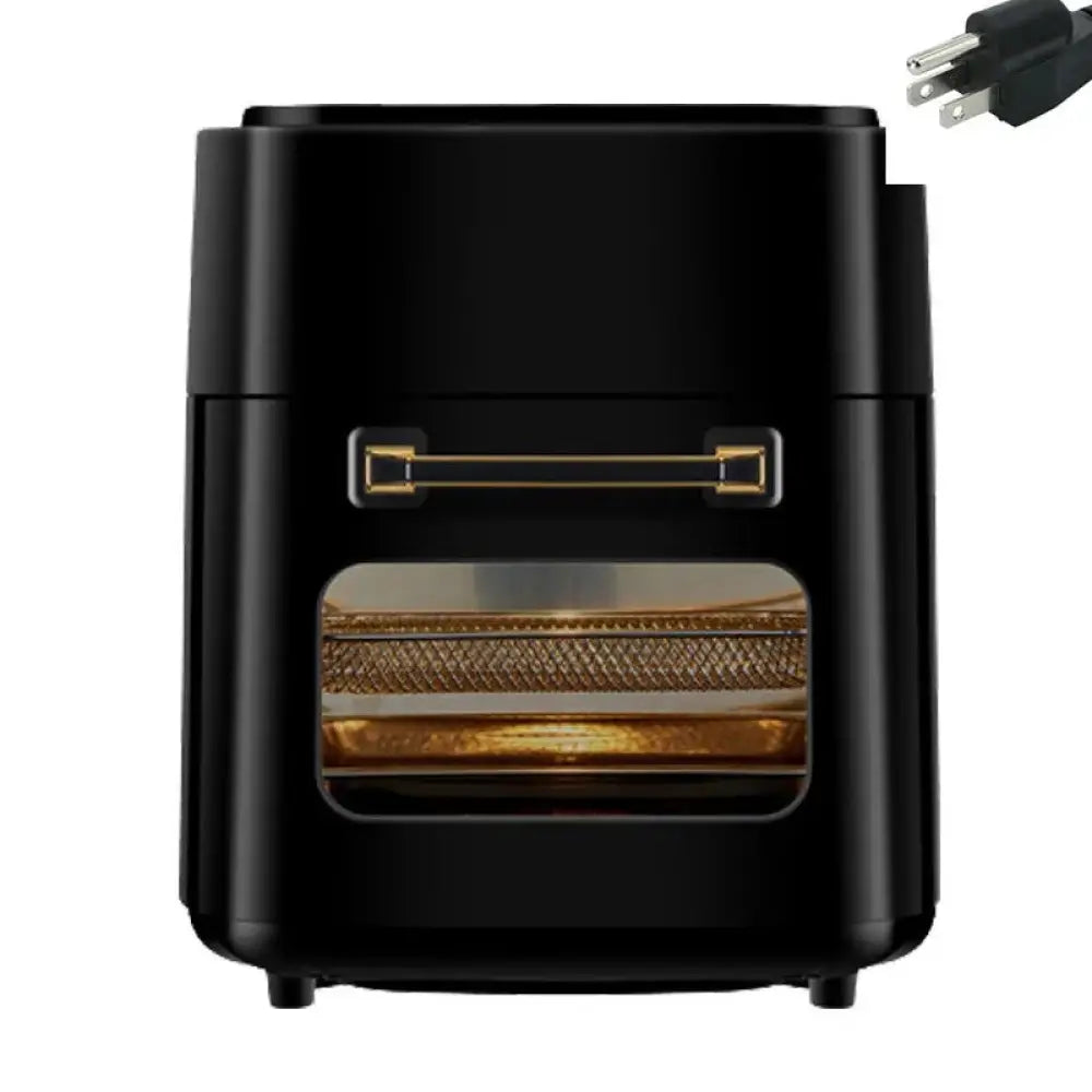 Black large capacity visual smart air fryer with gold handle mesh basket and viewing window for easy monitoring