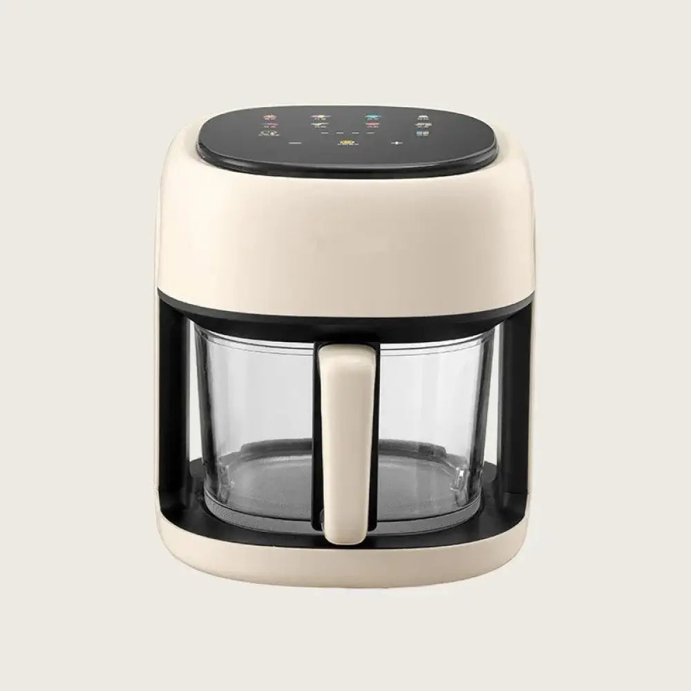 Cream-colored large capacity visual smart air fryer with black control panel and transparent glass viewing window basket